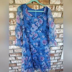 Shein Curve Floral Chiffon Midi Dress Long Puff Sleeves 1XL Fairy Renaissance